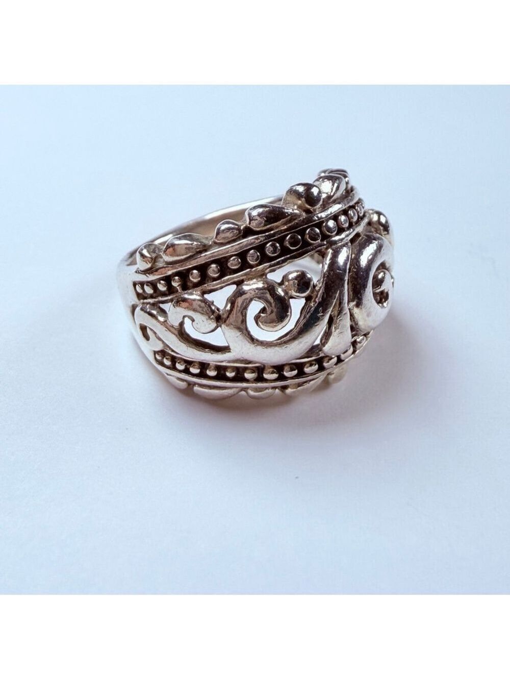 Dome Ornate Scroll & Filigree Dotted 925 Sterling Silver 16.5mm Vintage Ring - Picture 6 of 10